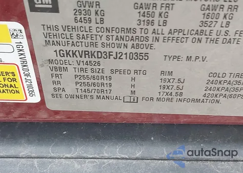 2015 GMC Acadia Slt-1 из США, поврежденный, VIN 1GKKVRKD3FJ210355